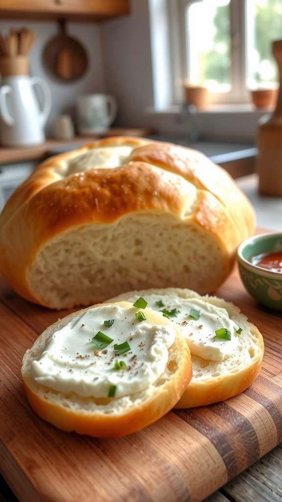 Fluffy Cloud Bread with Egg White Powder Recipe Fluffy cloud bread slices on a cutting board, topped with cream cheese and herbs, in a rustic kitchen.